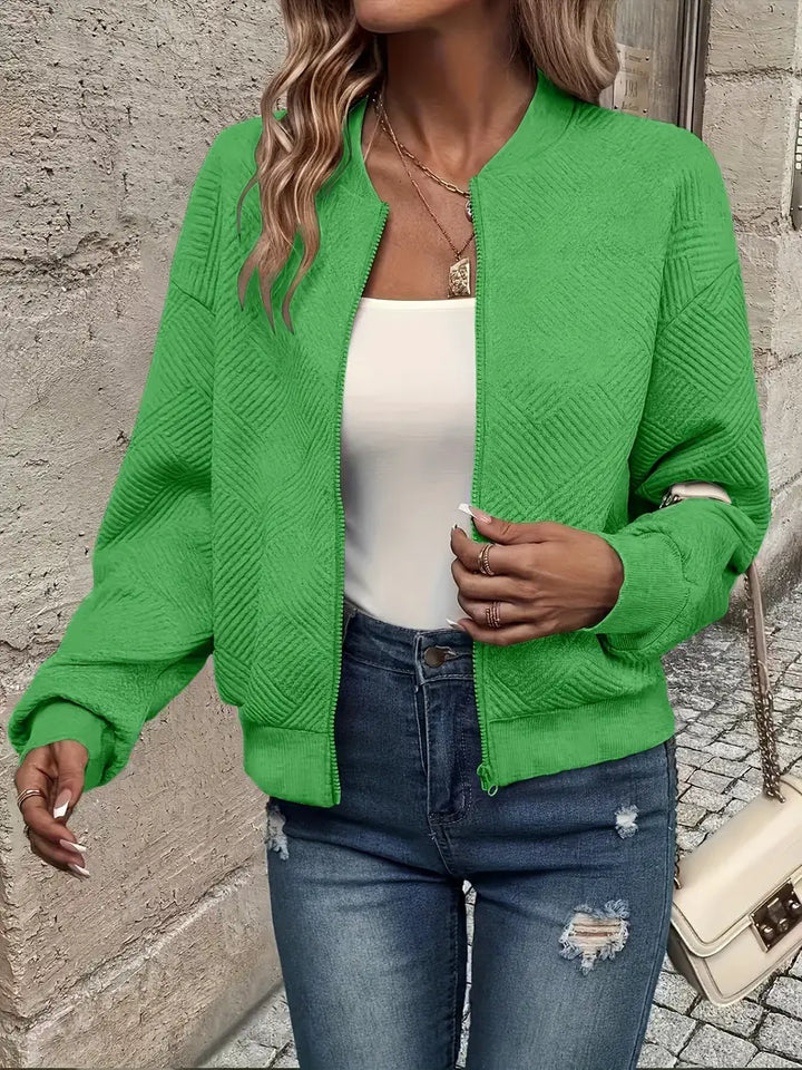 Harlow textured zip-up bomber jacket in green, front view open