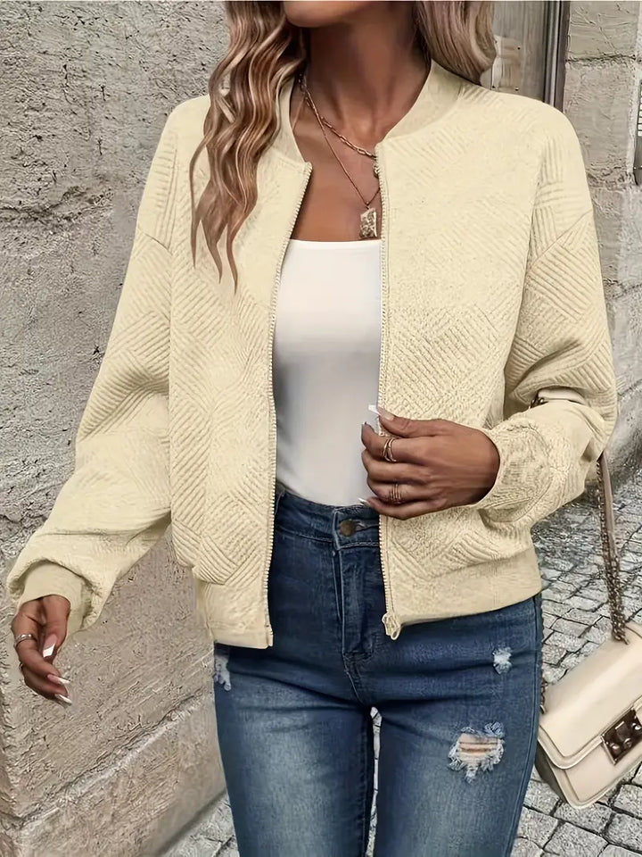 Harlow textured zip-up bomber jacket in apricot, front view open