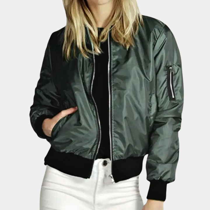 Model wearing Harlow bomber jacket in green