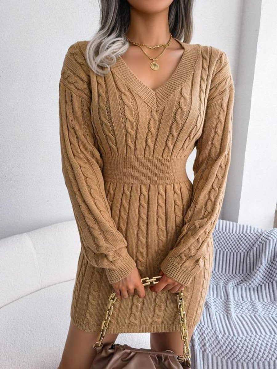 Harper cable knit V-neck mini sweater dress in camel, front view