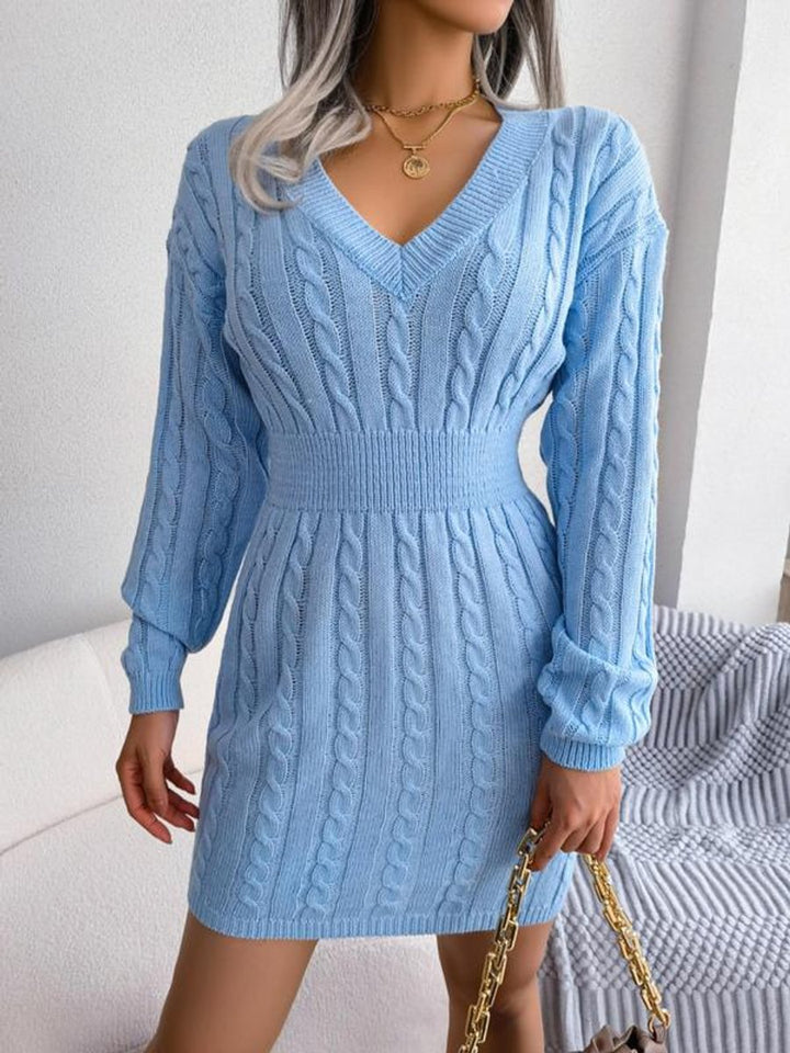 Harper cable knit V-neck mini sweater dress in light blue, front view