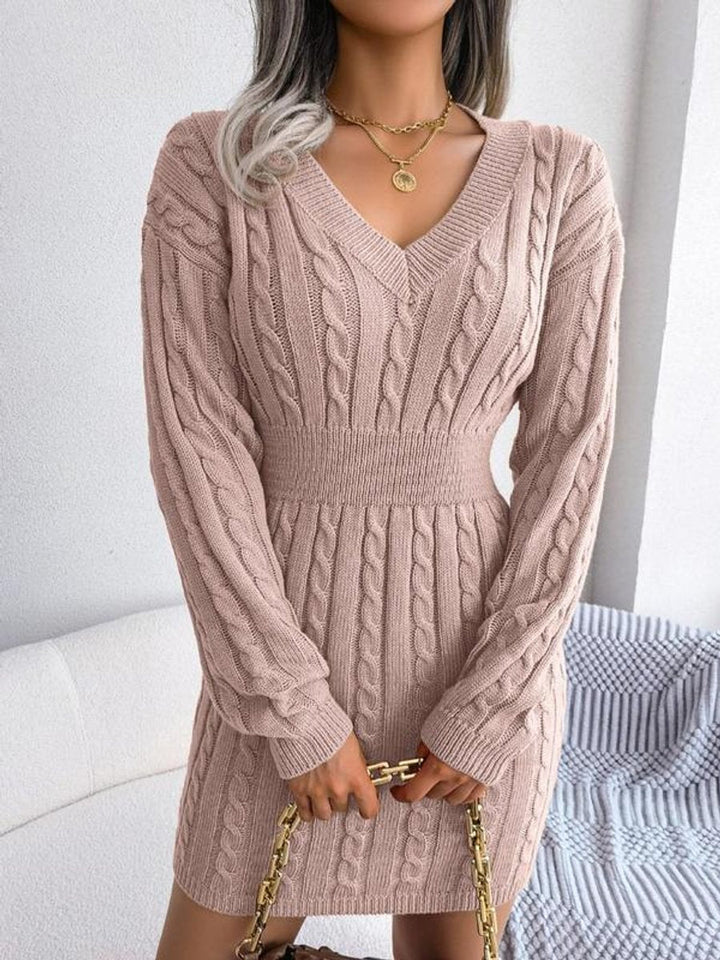 Harper cable knit V-neck mini sweater dress in blush pink, front view