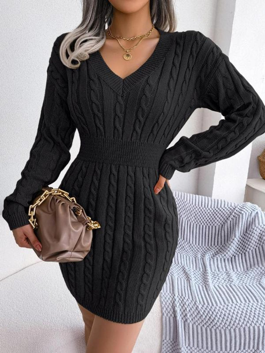Harper cable knit V-neck mini sweater dress in black, front view
