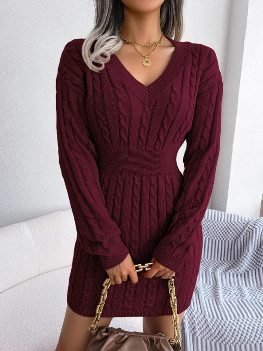 Harper cable knit V-neck mini sweater dress in burgundy, front view
