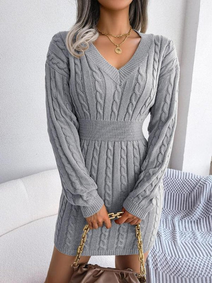 Harper cable knit V-neck mini sweater dress in gray, front view