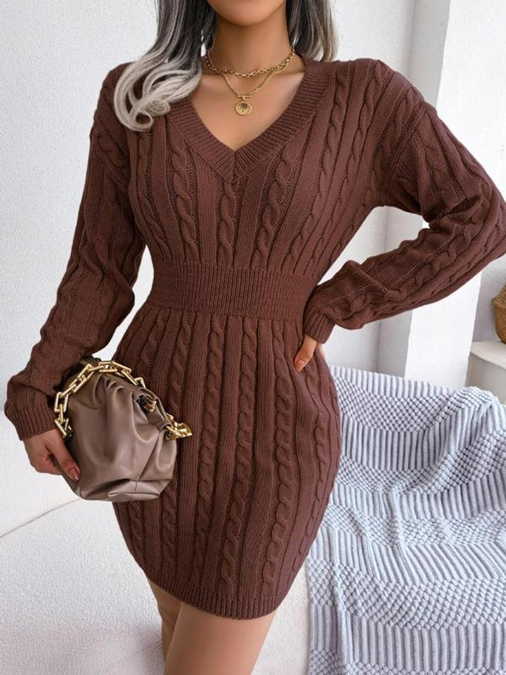 Harper cable knit V-neck mini sweater dress in brown, front view