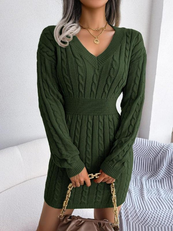 Harper cable knit V-neck mini sweater dress in olive green, front view