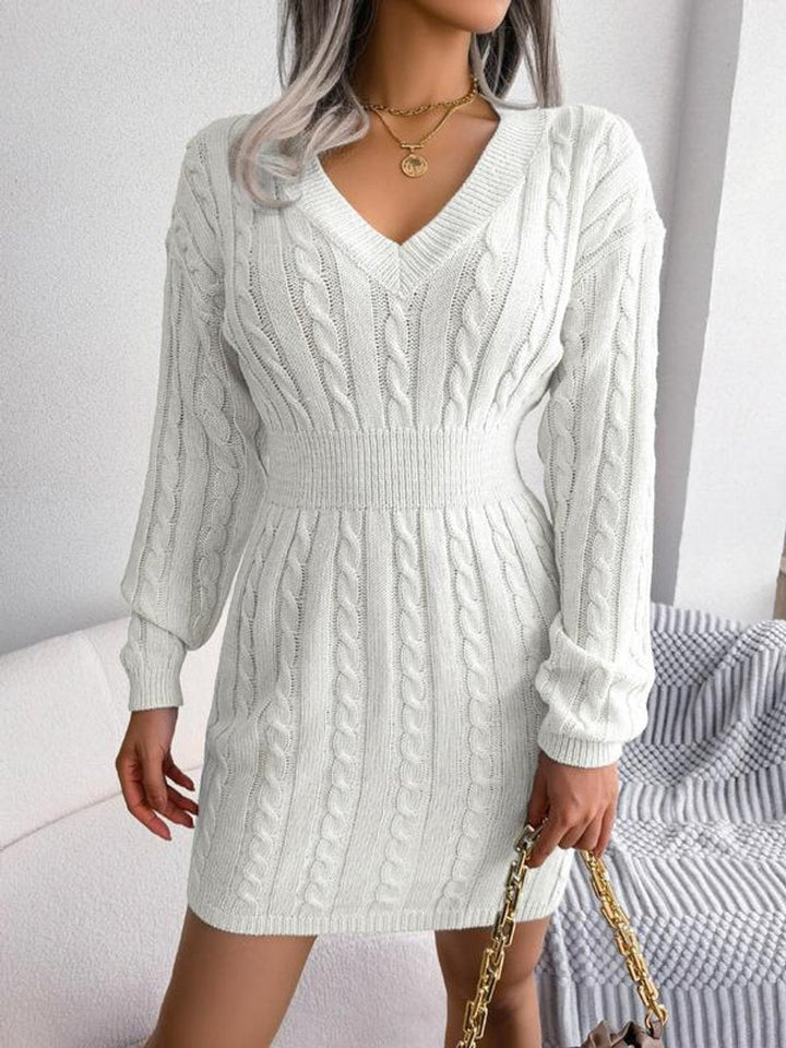 Harper cable knit V-neck mini sweater dress in white, front view