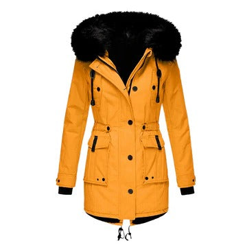 Harper faux fur hooded parka coat in gold, front view