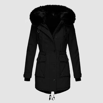 Harper faux fur hooded parka coat in black, front view