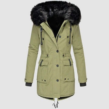 Harper faux fur hooded parka coat in olive green, front view