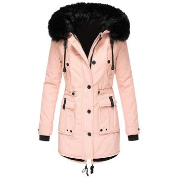 Harper faux fur hooded parka coat in pink, front view