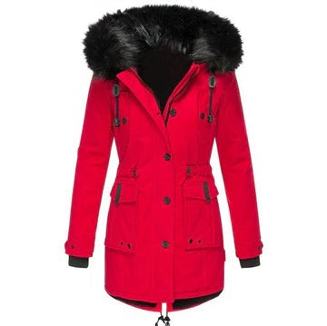 Harper faux fur hooded parka coat in red, front view