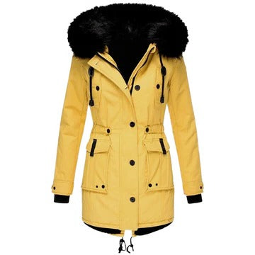 Harper faux fur hooded parka coat in yellow, front view
