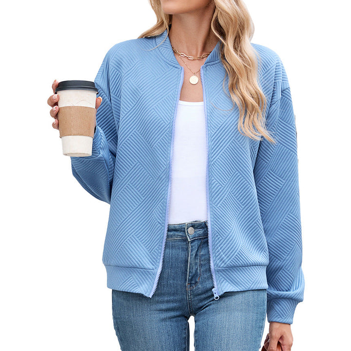 Harper bomber jacket in light blue, close-up front view