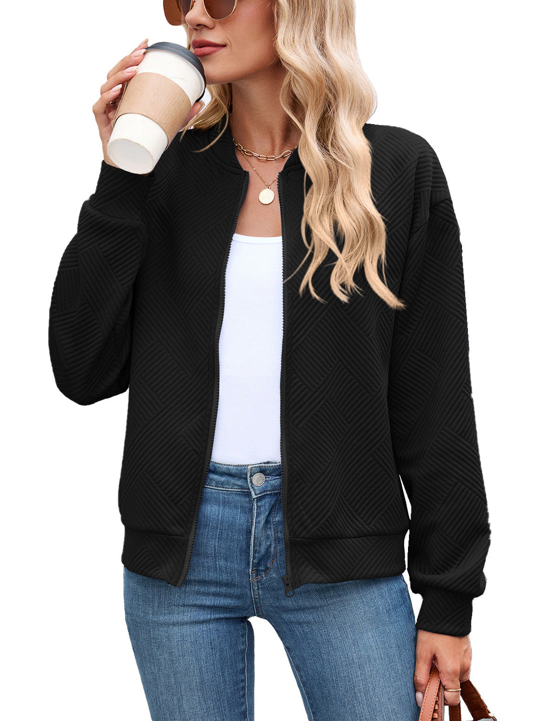 Harper bomber jacket in black, close-up front view