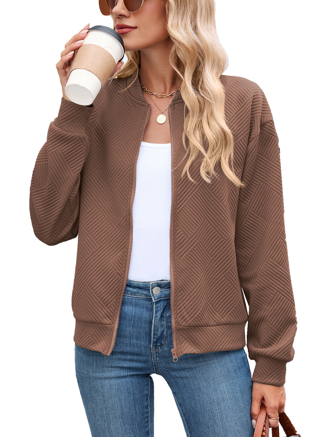 Harper bomber jacket in brown, close-up front view
