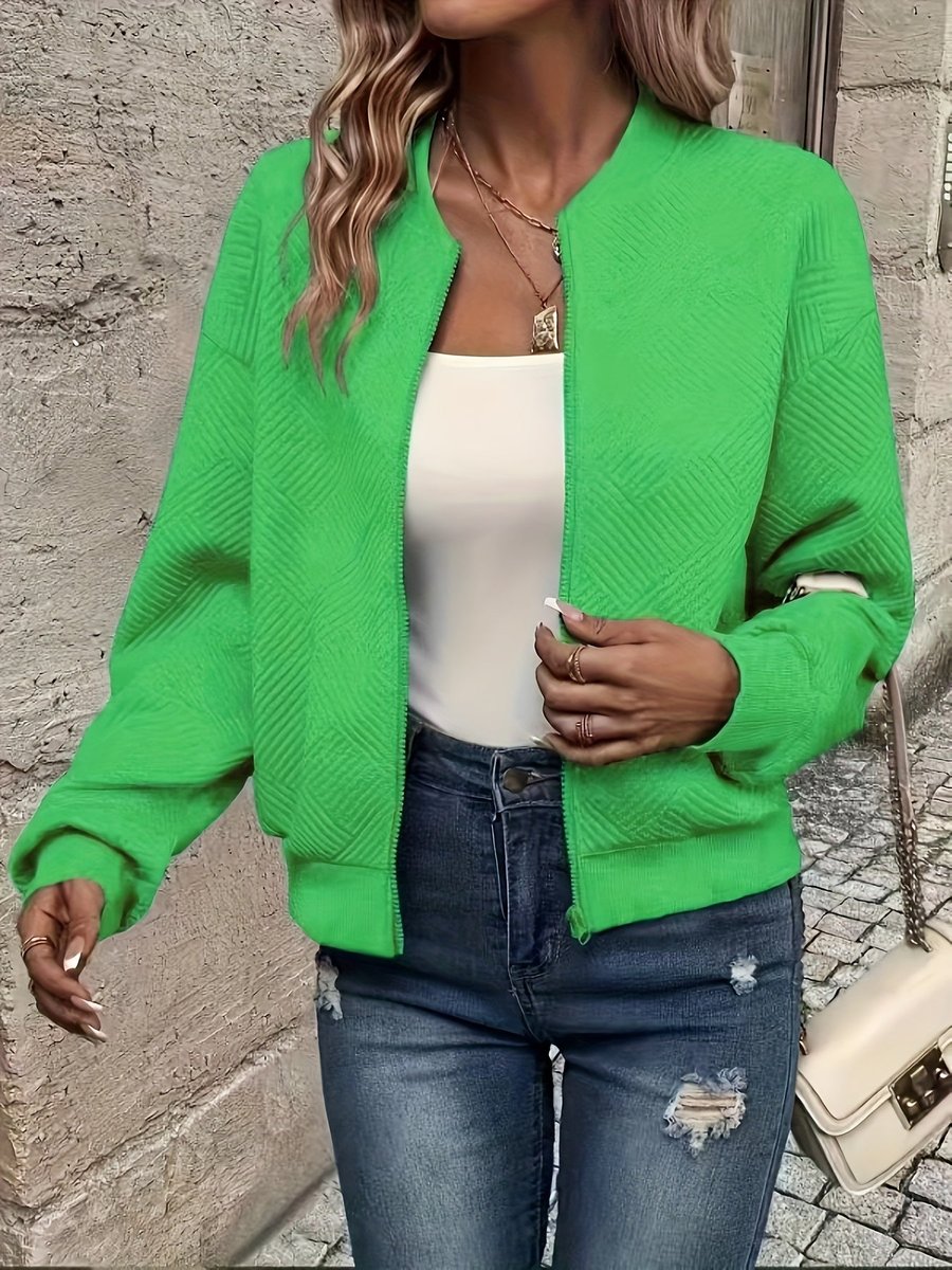 Harper green textured bomber jacket, front view close-up