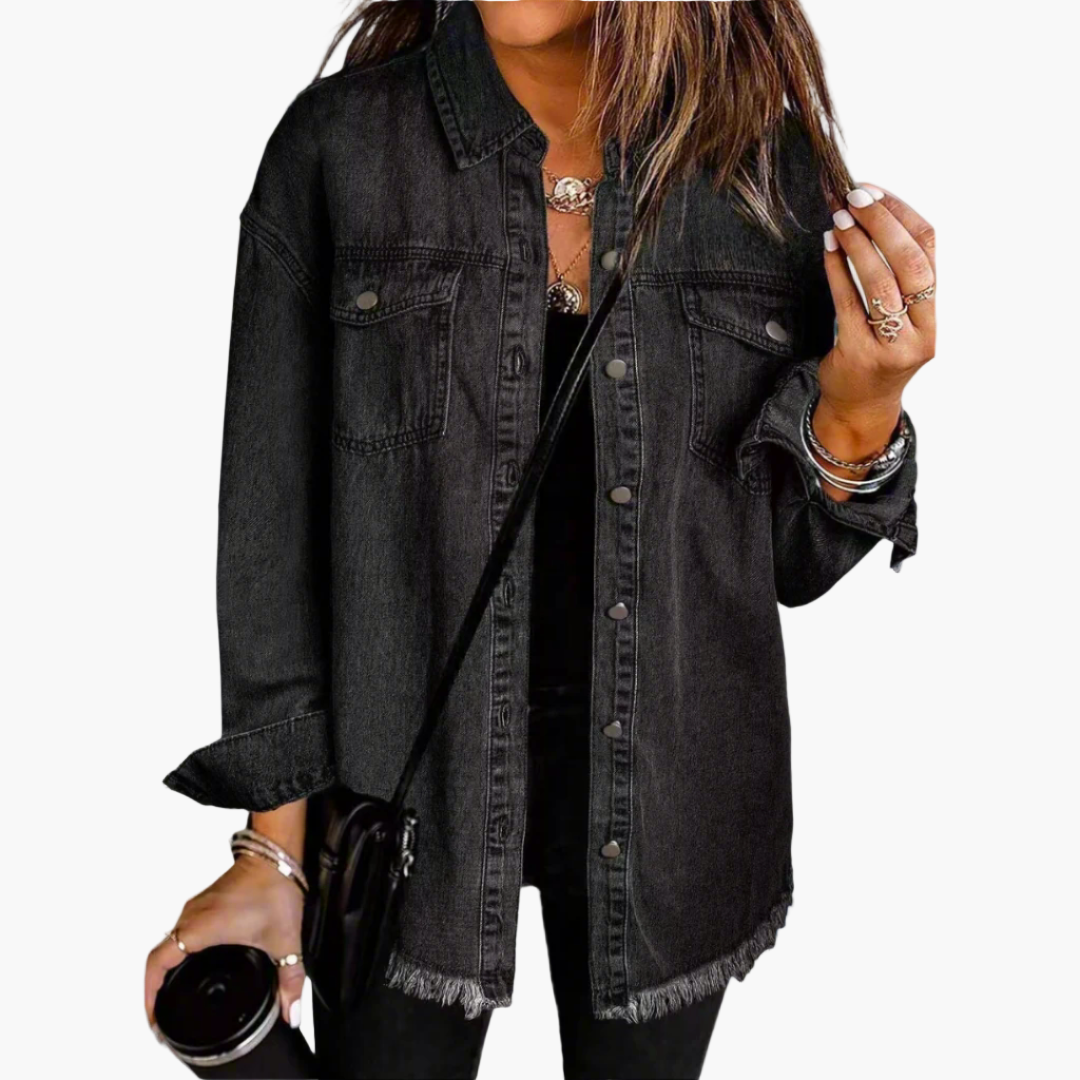 Harper black vintage denim jacket, front view with chest pockets