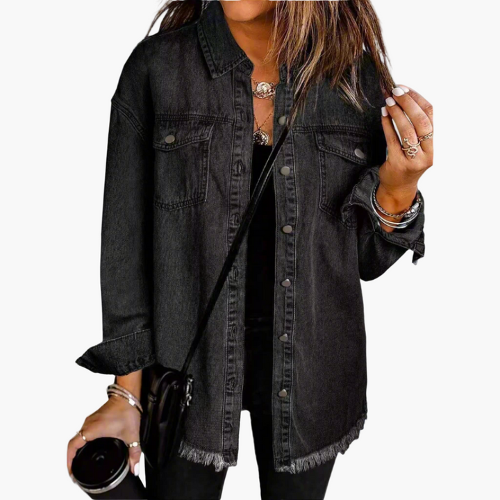 Harper black vintage denim jacket, front view with chest pockets