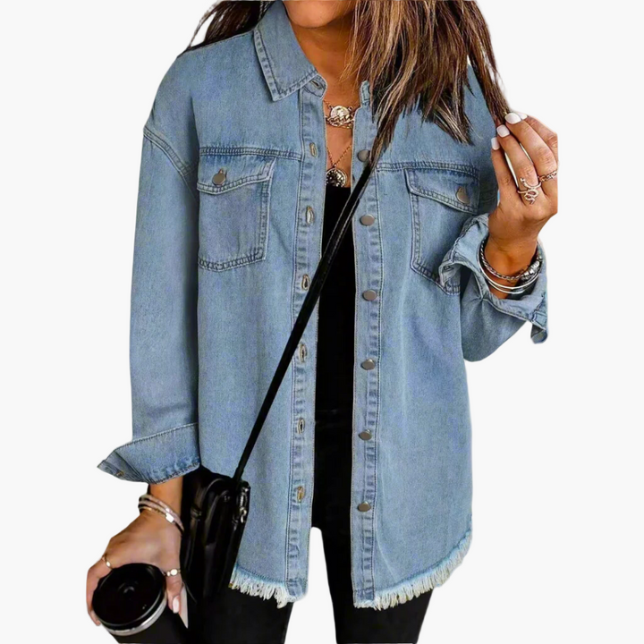 Harper light blue vintage denim jacket, front view with button closure