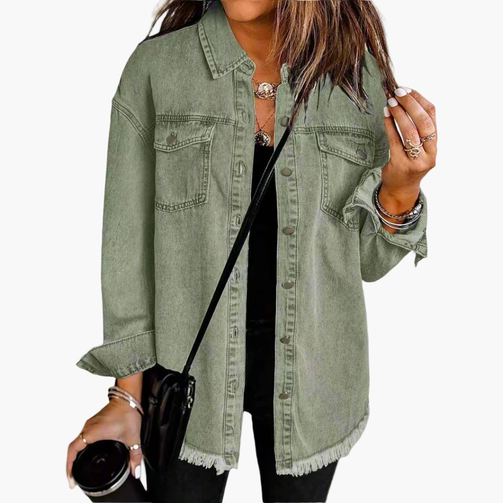 Harper olive green vintage denim jacket, front view with frayed hem