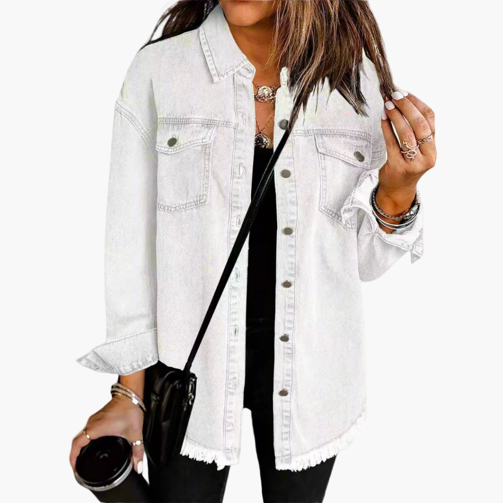 Harper white vintage denim jacket, front view with chest pockets
