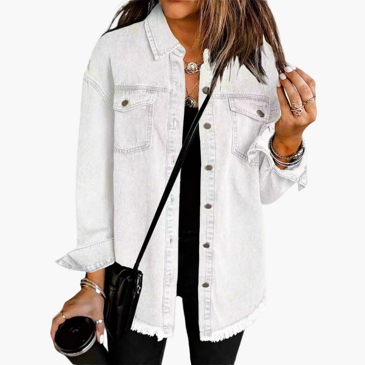 Harper white vintage denim jacket, front view with chest pockets