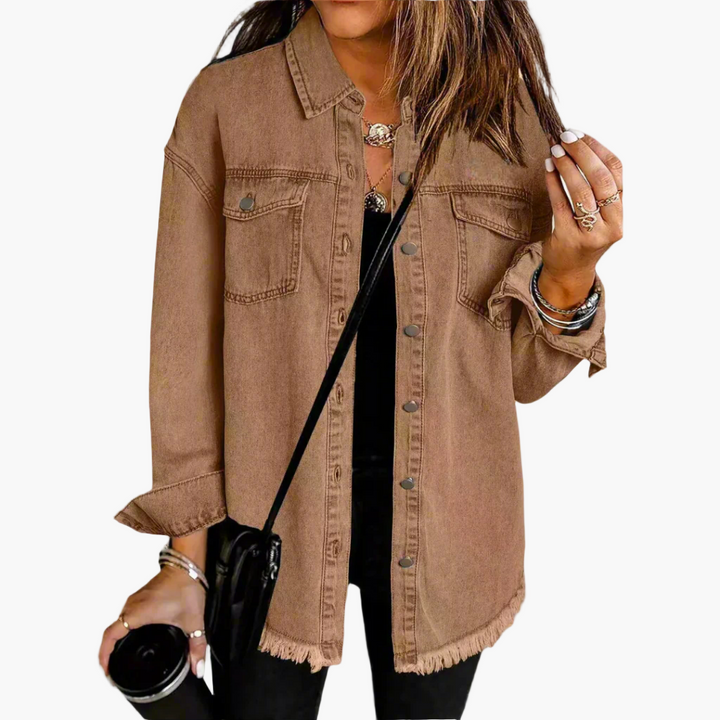 Harper brown vintage denim jacket, oversized casual fit