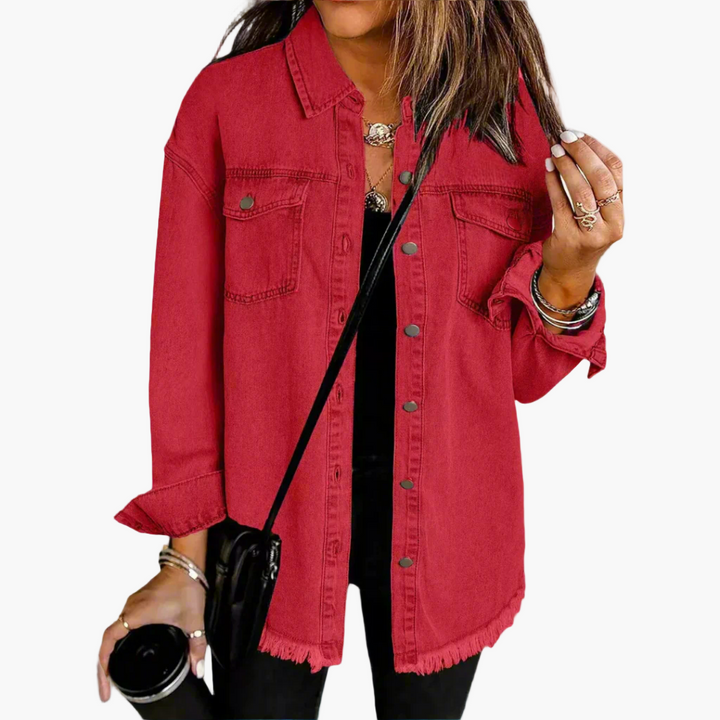 Harper red vintage denim jacket, front view with button closure
