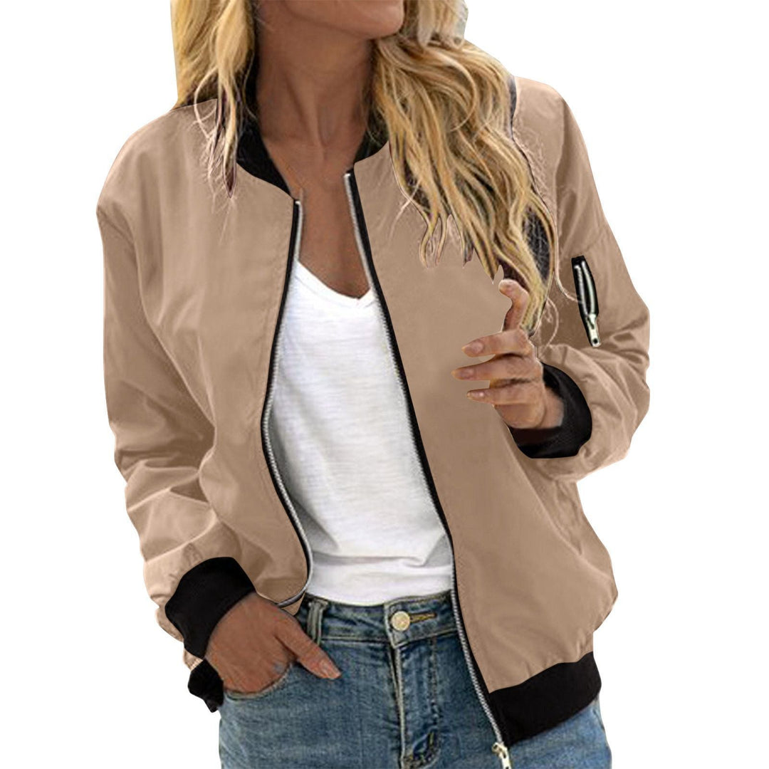 Harper bomber jacket in khaki with black ribbed trim, front view zipped open
