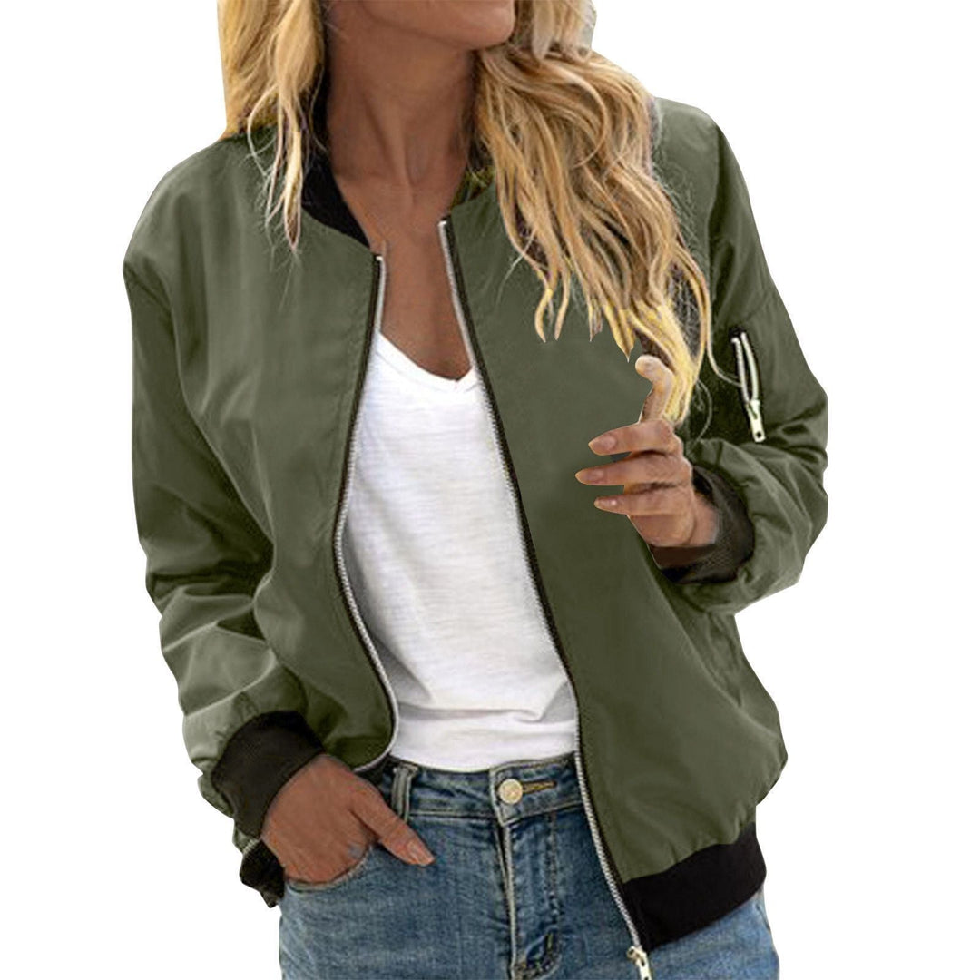 Harper bomber jacket in army green with ribbed collar and cuffs, front view