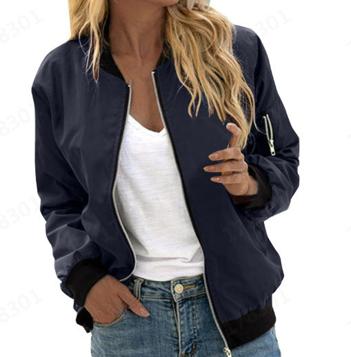 Harper bomber jacket in navy with ribbed trim, front view