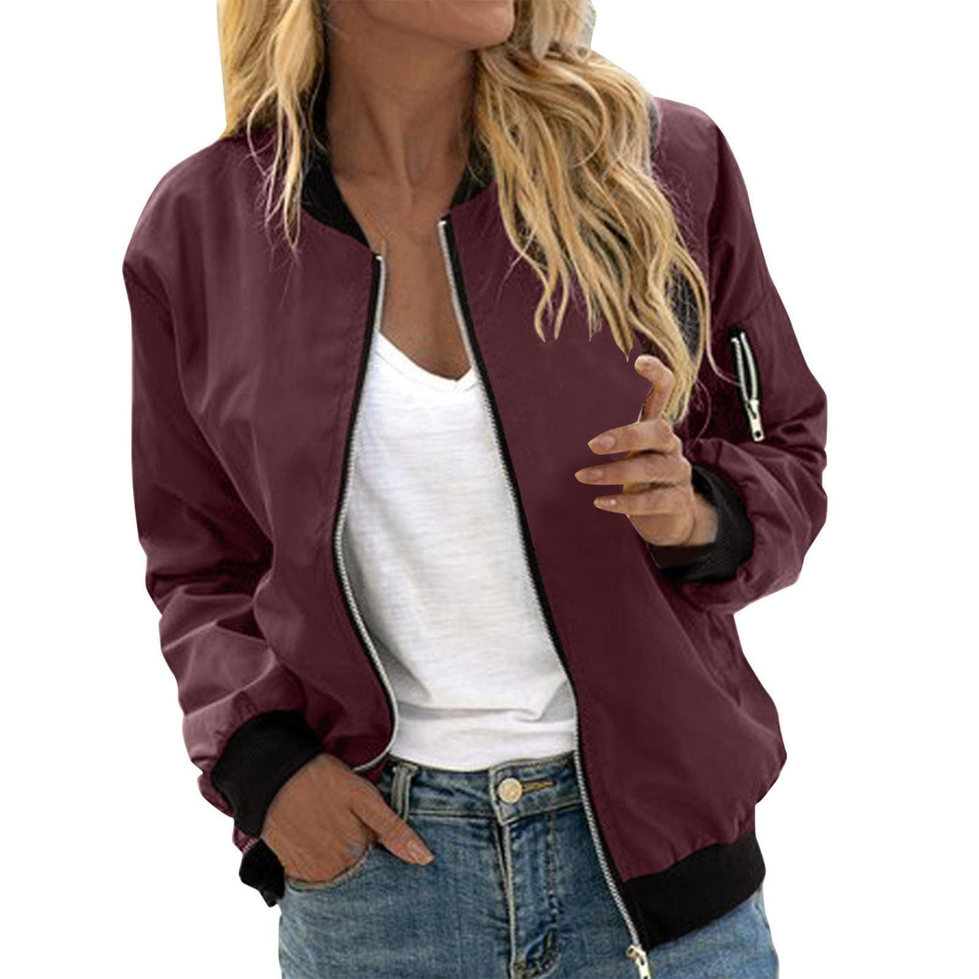 Harper bomber jacket in wine red with black ribbed trim, front view