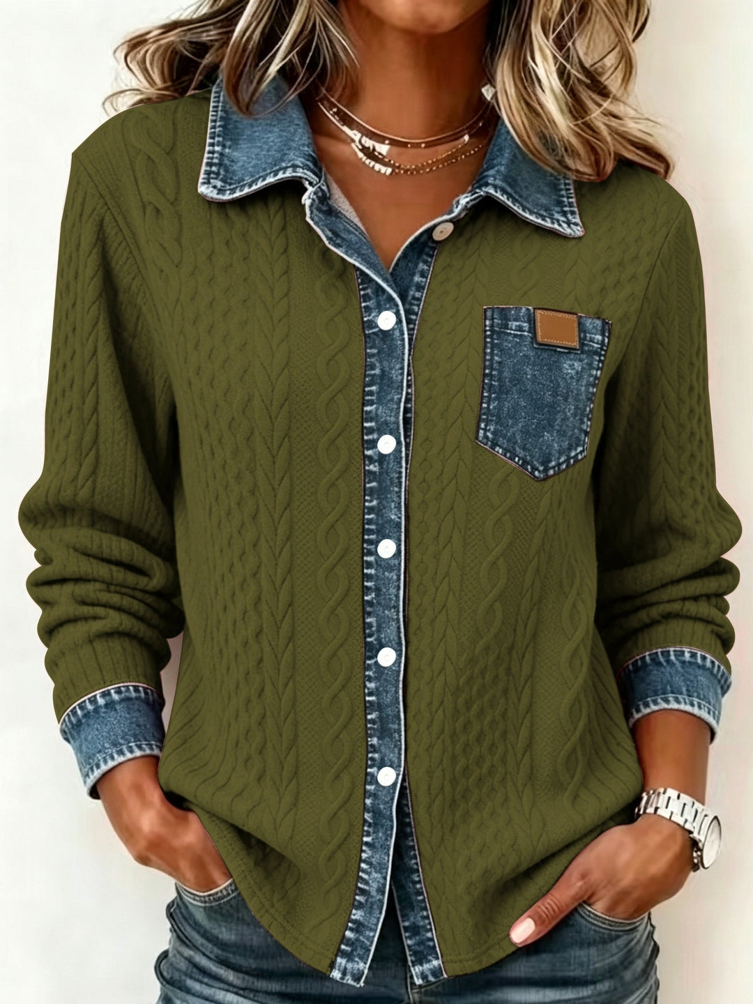 Harriet textured button-up shirt, side angle view with chest pocket detail