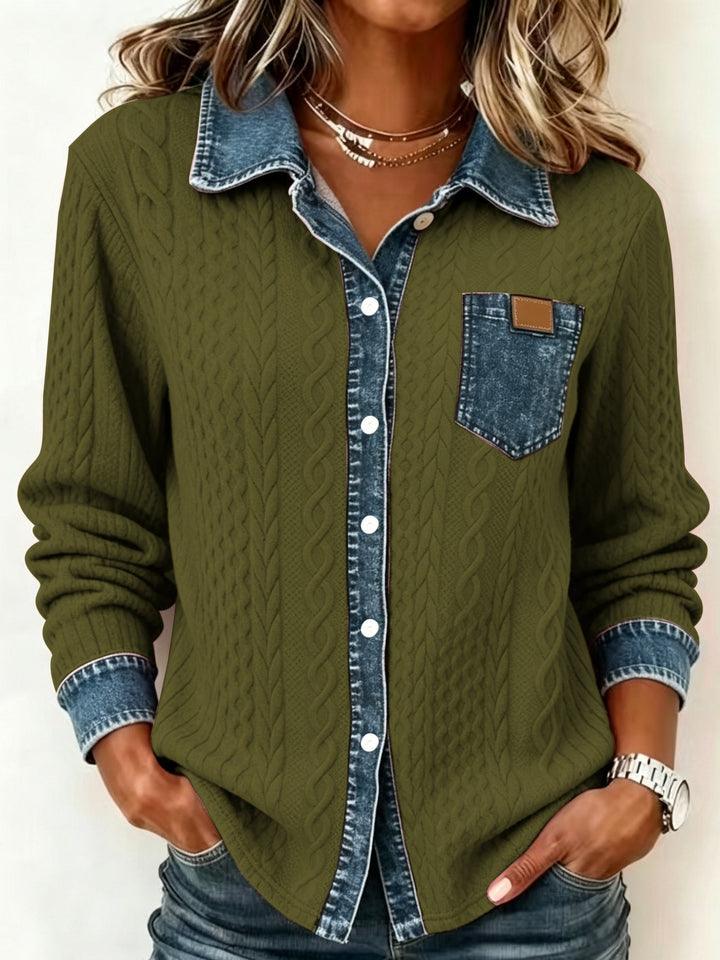 Harriet textured button-up shirt, side angle view with chest pocket detail
