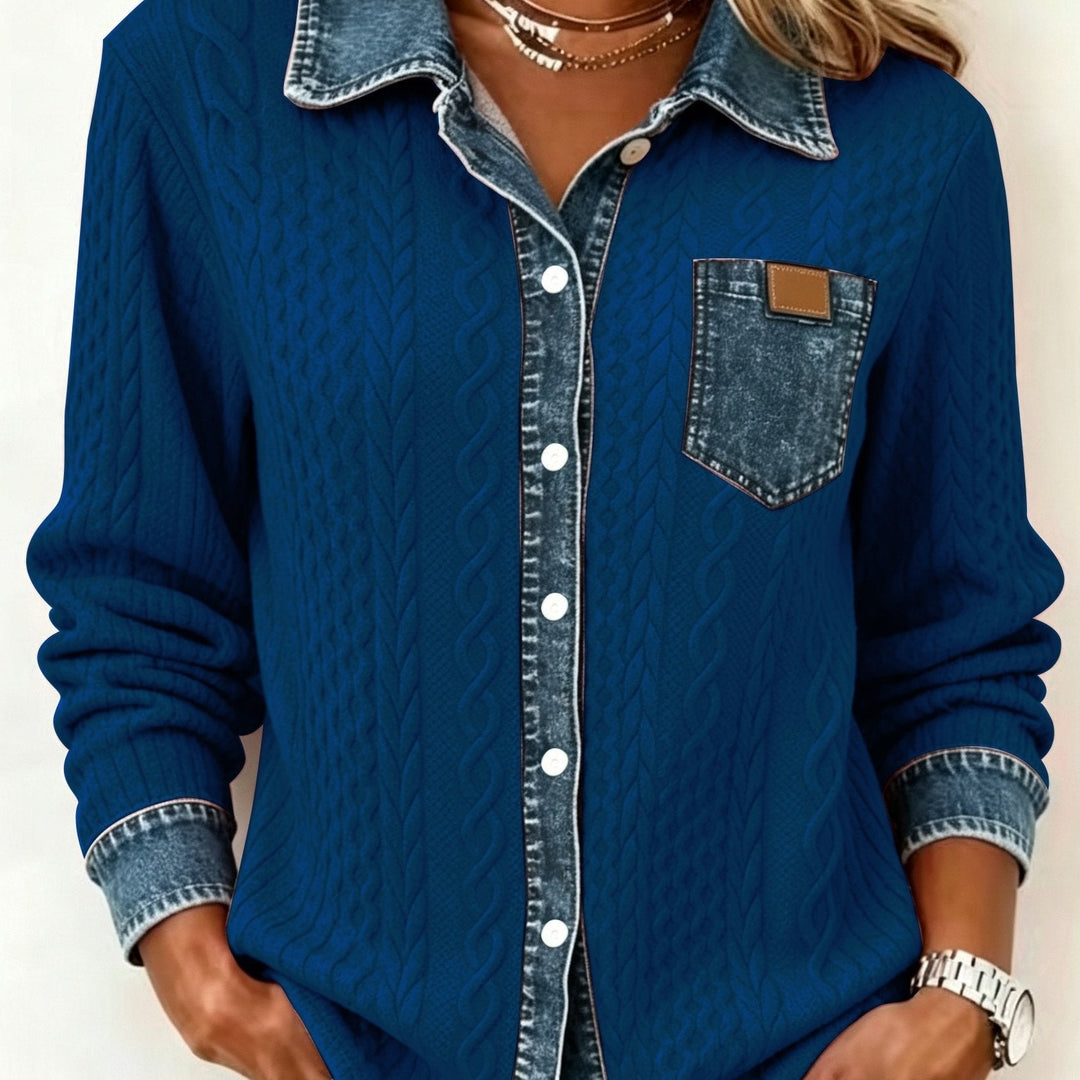 Harriet textured button-up shirt, side angle view with chest pocket detail