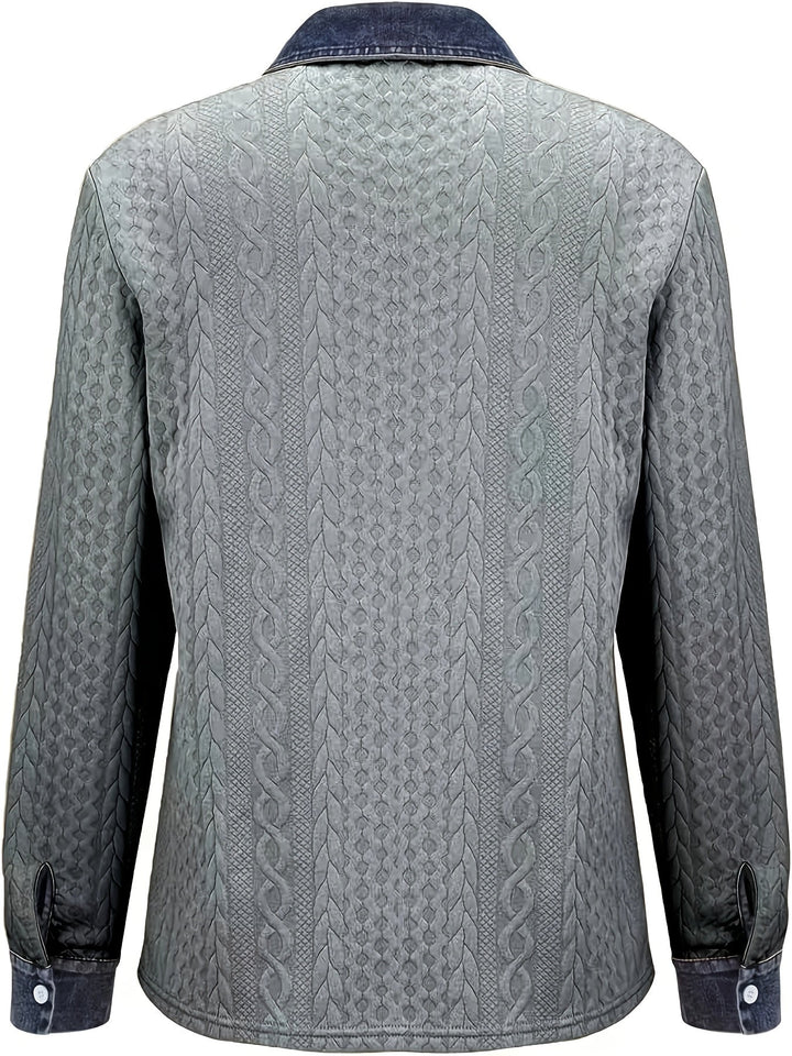 Harriet textured button-up shirt, side angle view with chest pocket detail