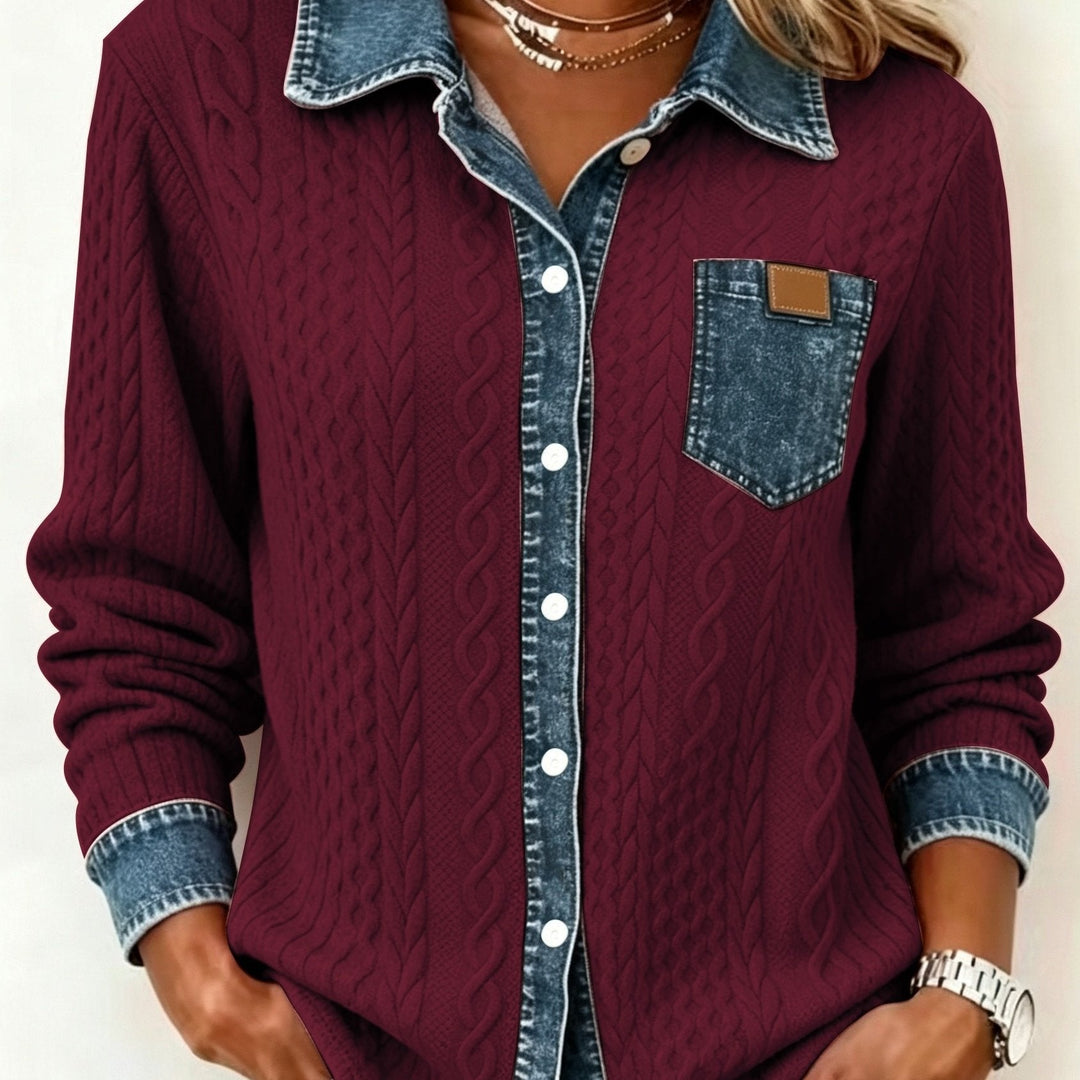 Harriet textured button-up shirt, side angle view with chest pocket detail