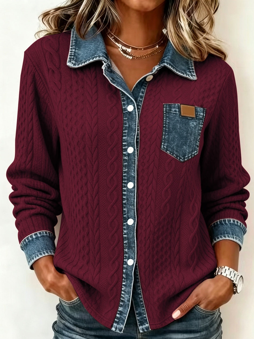 Harriet textured button-up shirt, side angle view with chest pocket detail