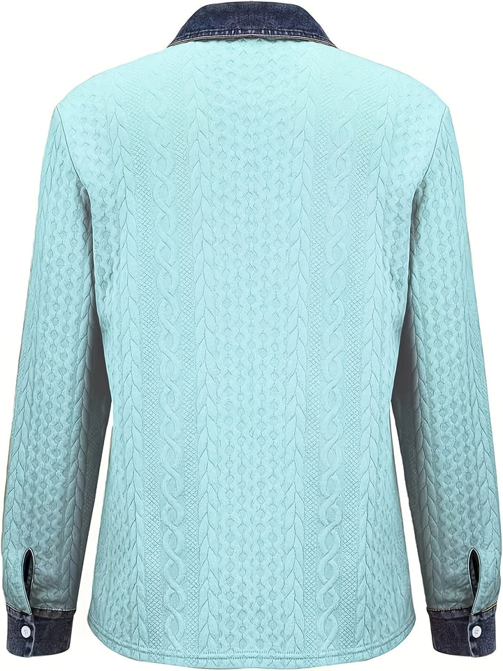Harriet textured button-up shirt, side angle view with chest pocket detail