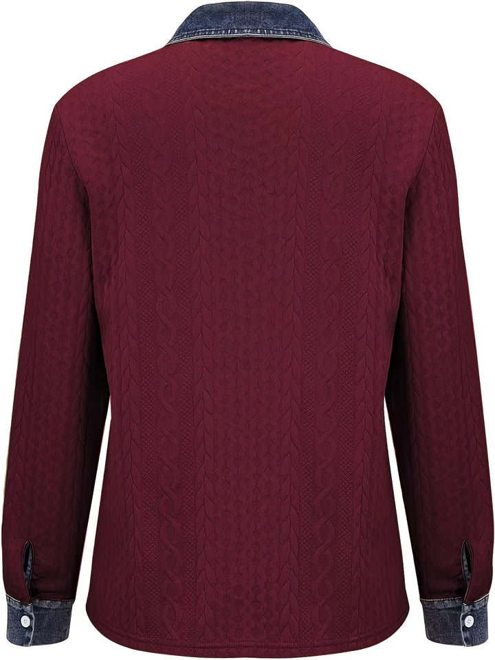 Harriet textured button-up shirt, side angle view with chest pocket detail