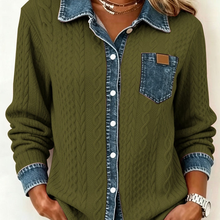 Harriet textured button-up shirt, side angle view with chest pocket detail