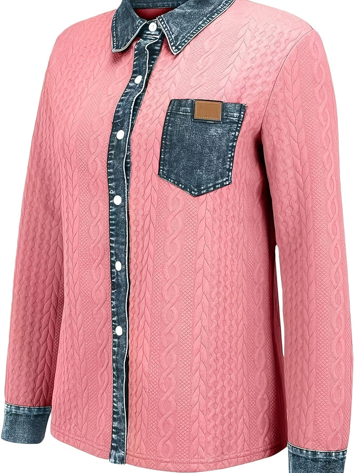 Harriet textured button-up shirt, side angle view with chest pocket detail