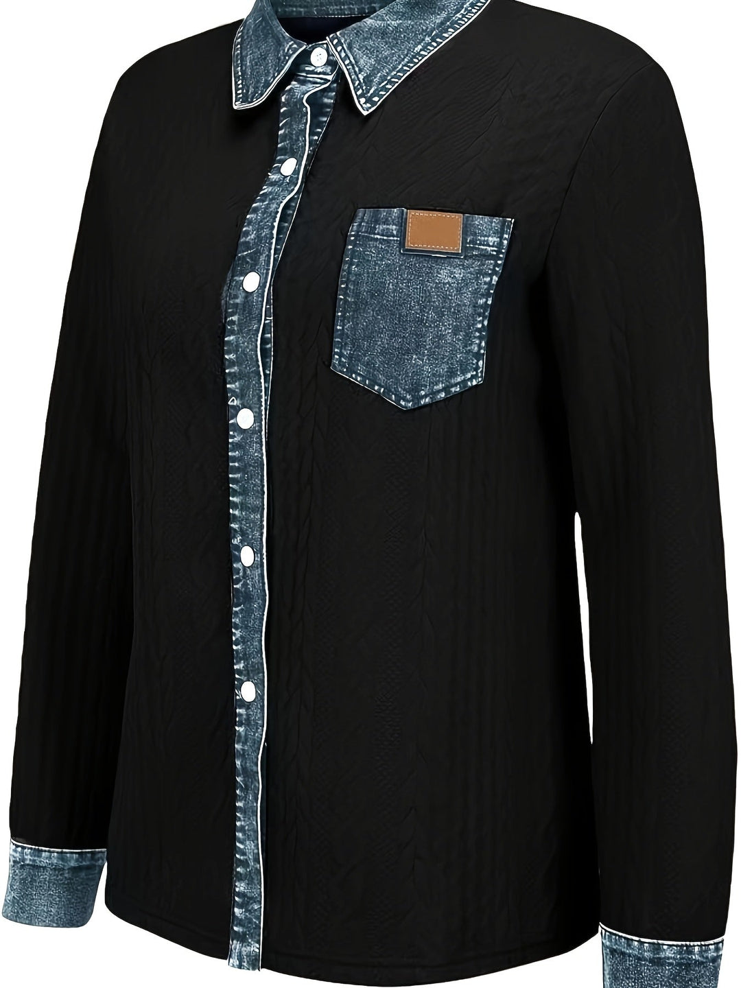 Harriet textured button-up shirt, side angle view with chest pocket detail