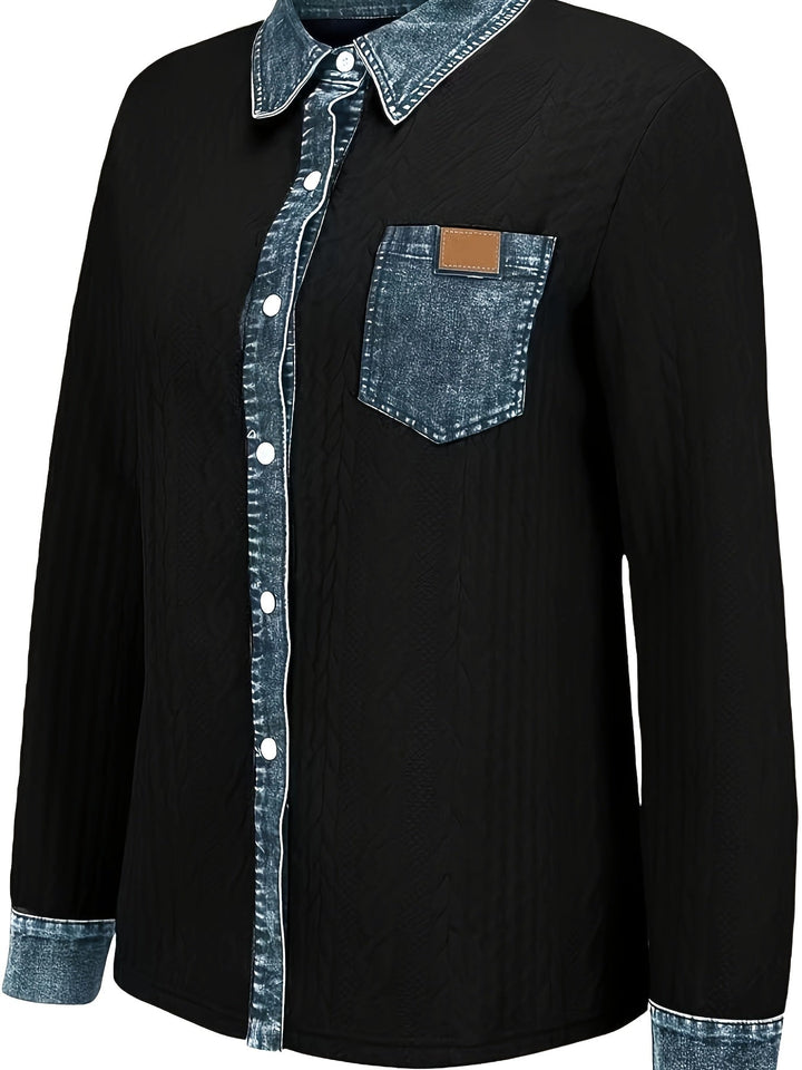 Harriet textured button-up shirt, side angle view with chest pocket detail