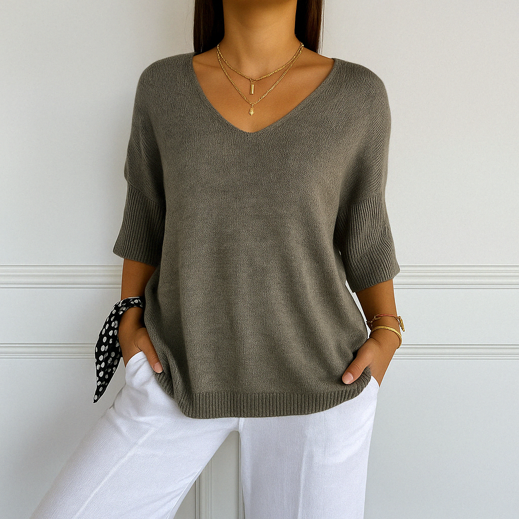 Harriet dark gray V-neck short sleeve relaxed fit sweater, front view