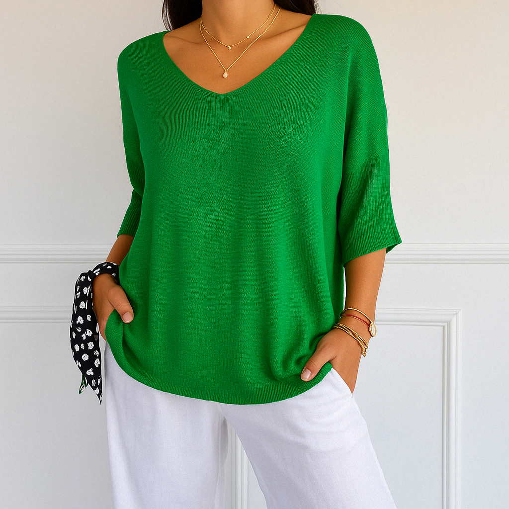 Harriet green V-neck short sleeve relaxed fit sweater, front view