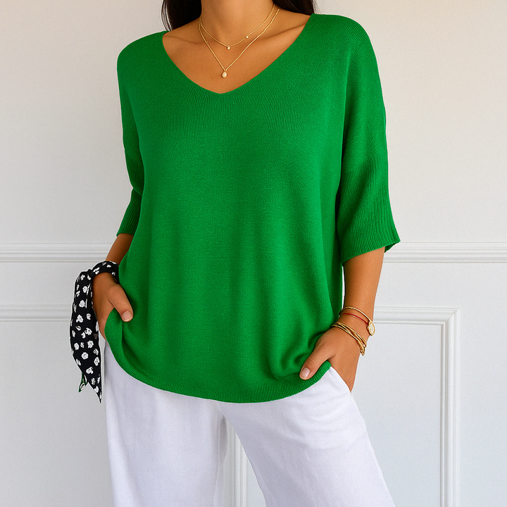 Harriet green V-neck short sleeve relaxed fit sweater, front view