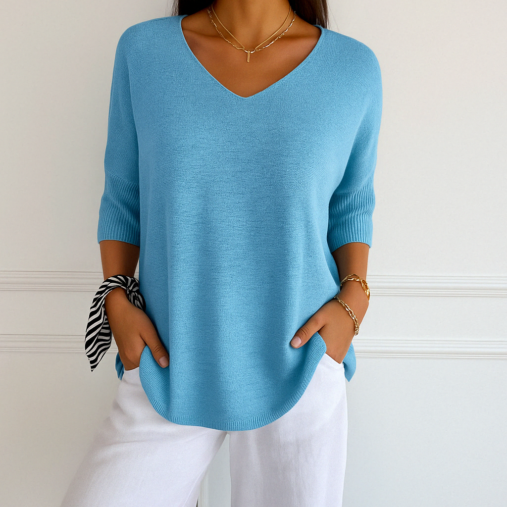 Harriet light blue V-neck short sleeve relaxed fit sweater, front view